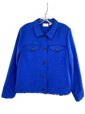 Chico’s Blue Tweed Fringe Button Up Blazer Jacket Size Medium